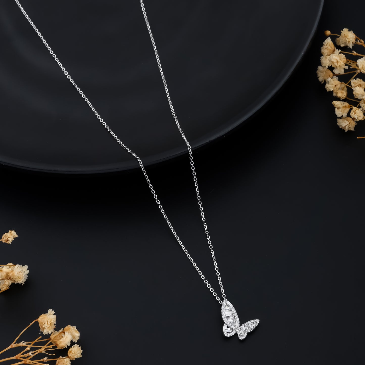 Silver Butterfly Necklace with Mosaic Diamonds Elegant Crystal Pendant
