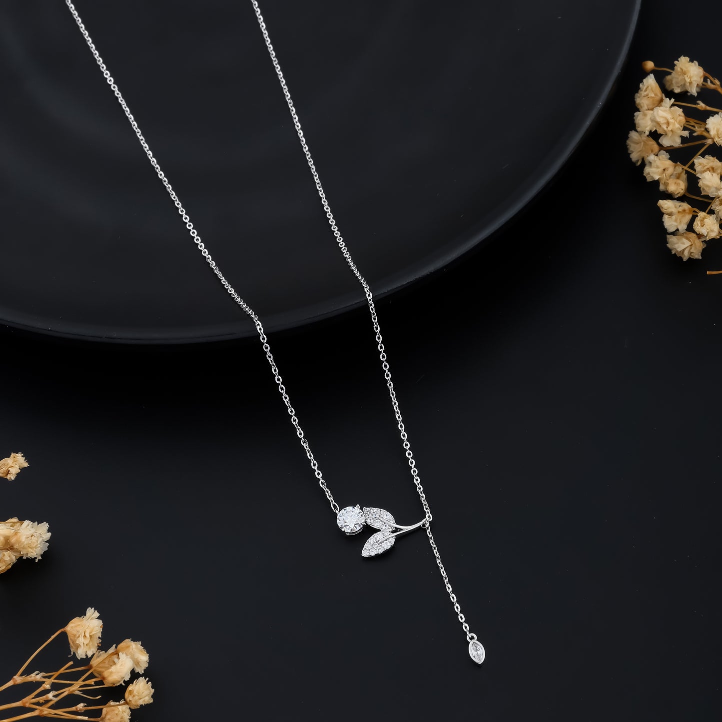 Unique Floral Drop Necklace Silver Pendant with Dangling Crystal