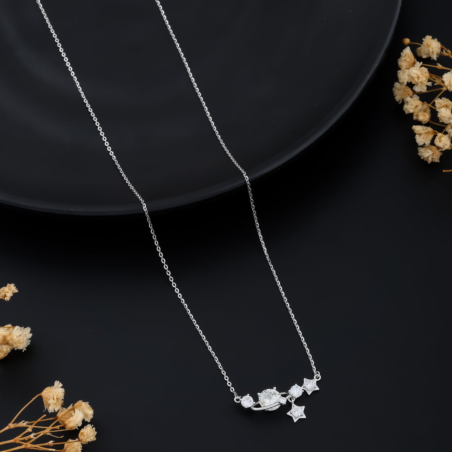 Cute Planet and Star Charm Necklace With Adjustable Silver Chain