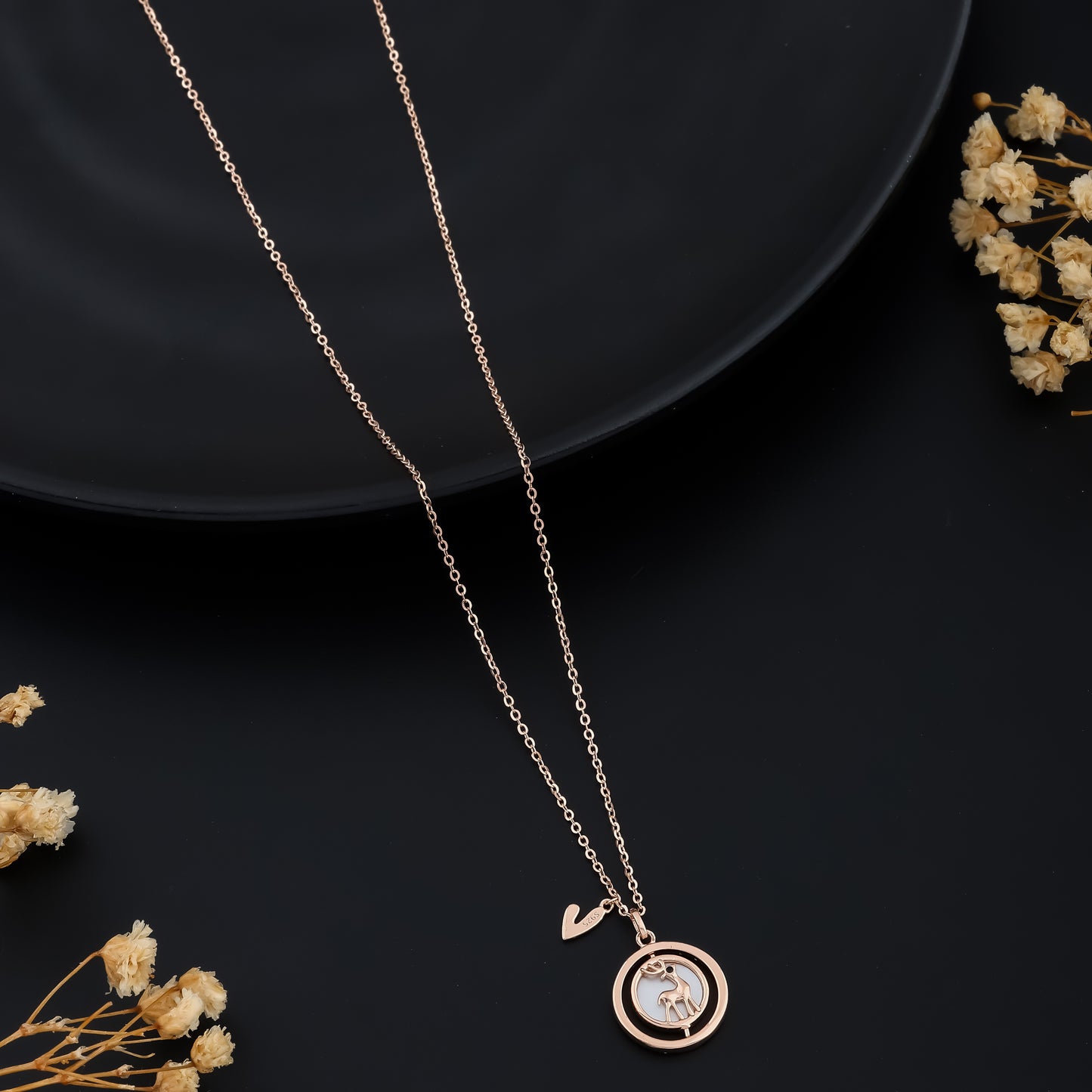 Rose Gold Deer Necklace with Crystal Halo Sparkling Reindeer Pendant