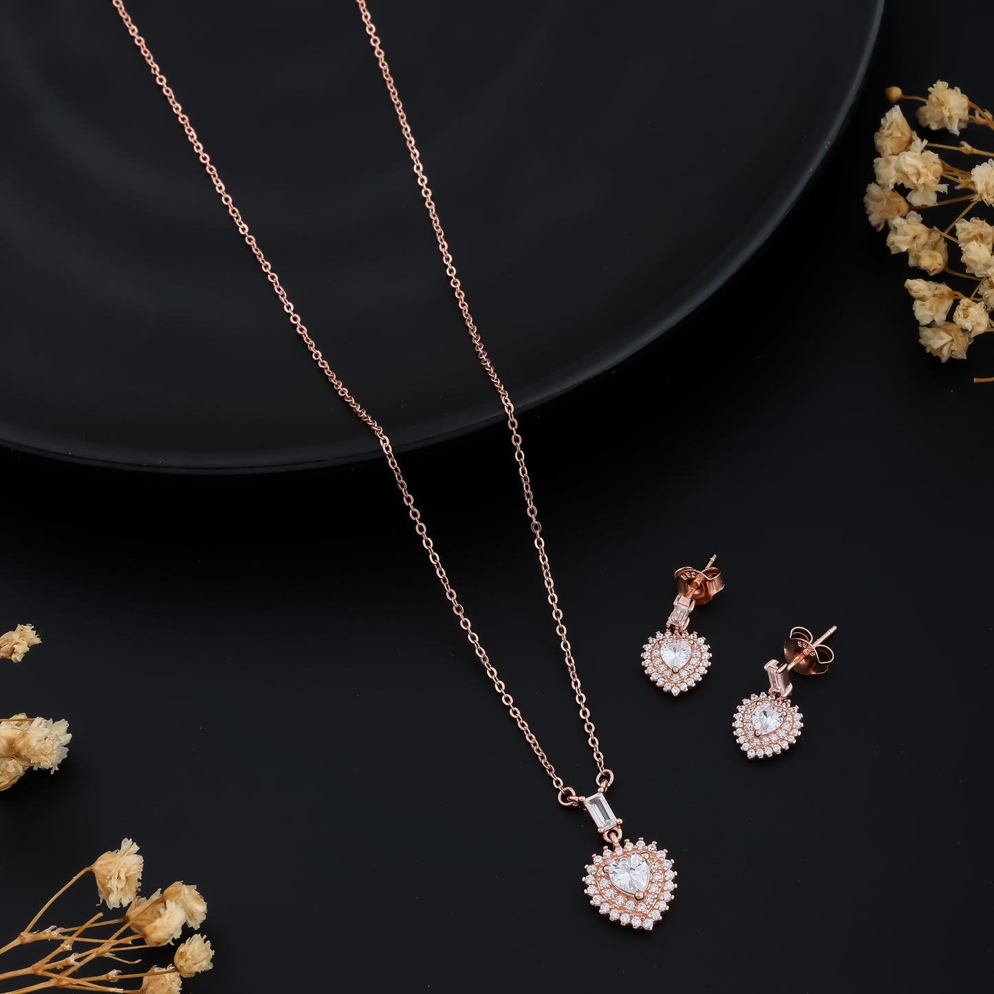 Rose Gold Necklace and Studs Heart Design with Baguette Crystal