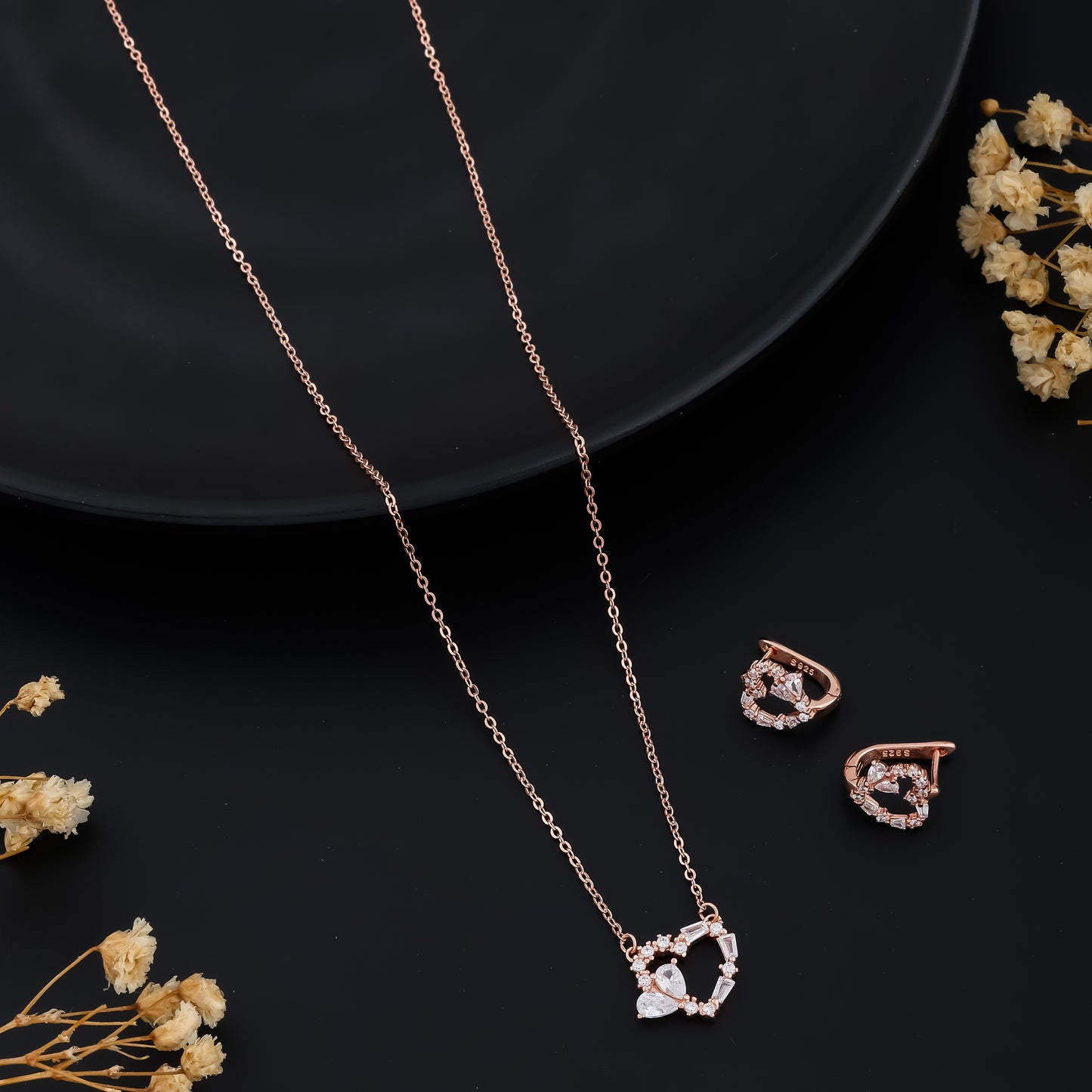 Romantic Heart Pendant and Earring Set Rose Gold with Clear Crystals