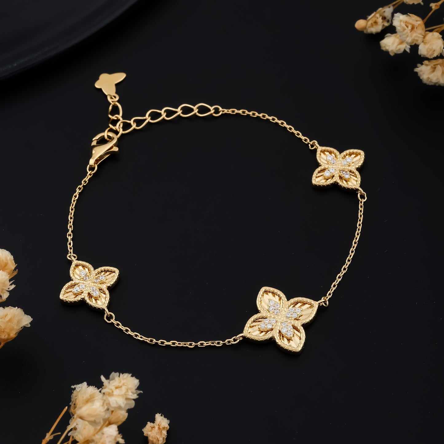 Elegant Gold Tone Clover Bracelet Adjustable Chain with Crystal Centers