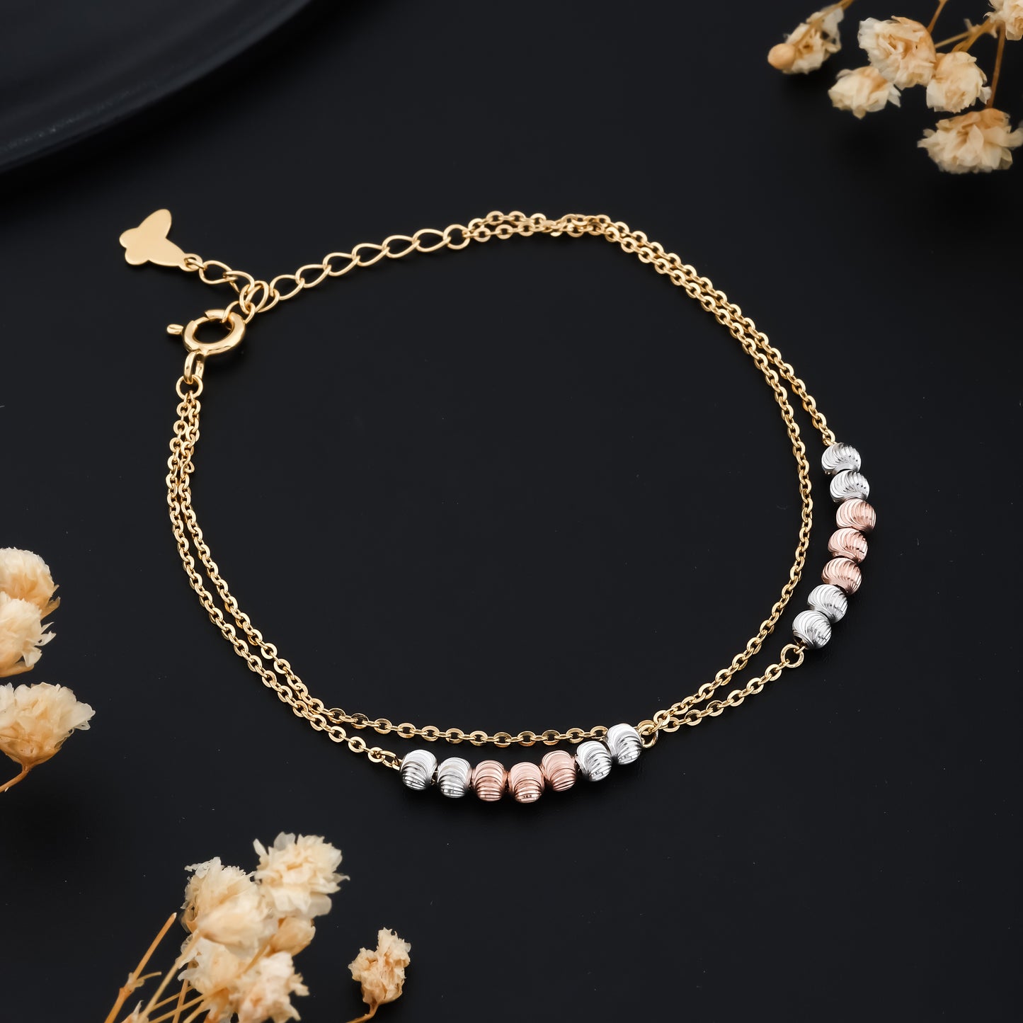 Modern Gold Layered Bracelet Three Tone Beaded Design