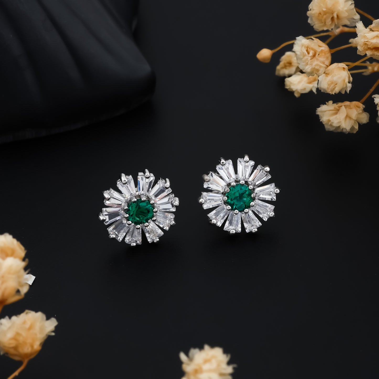 Stylish Green and Clear Gemstone Earrings Silver Daisy Design