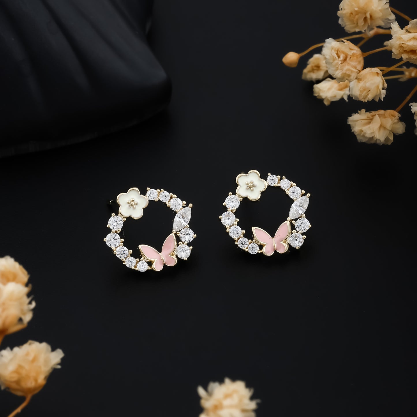 Whimsical Gold Tone Earrings Pink Butterfly White Flower