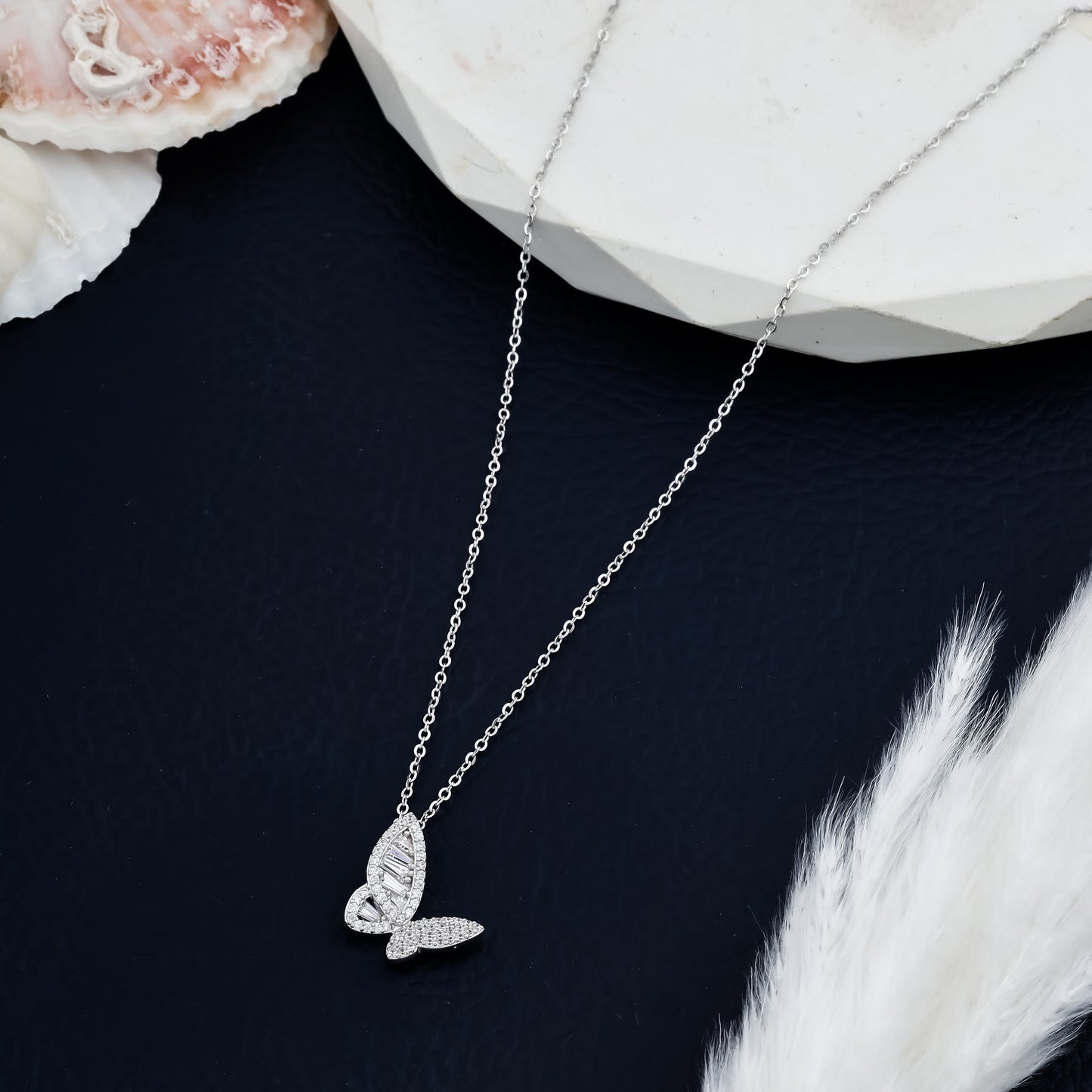 Silver Butterfly Necklace with Mosaic Diamonds Elegant Crystal Pendant