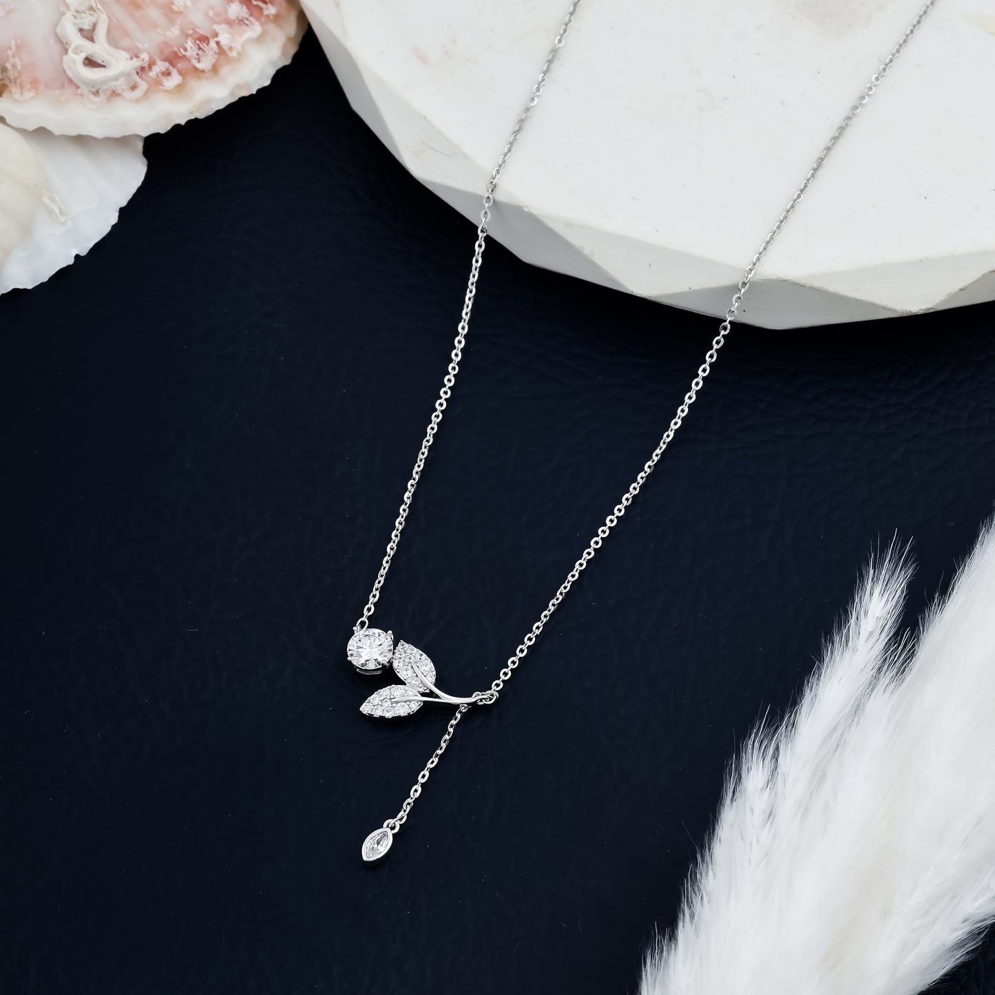 Unique Floral Drop Necklace Silver Pendant with Dangling Crystal