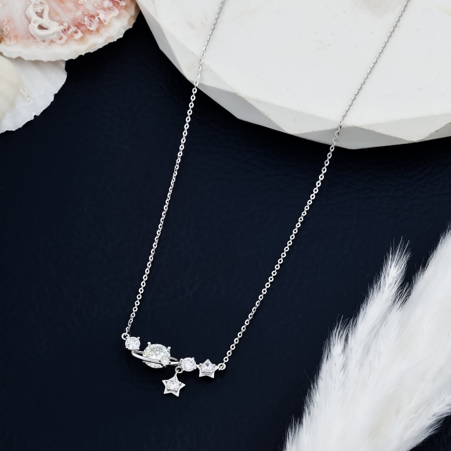 Cute Planet and Star Charm Necklace With Adjustable Silver Chain