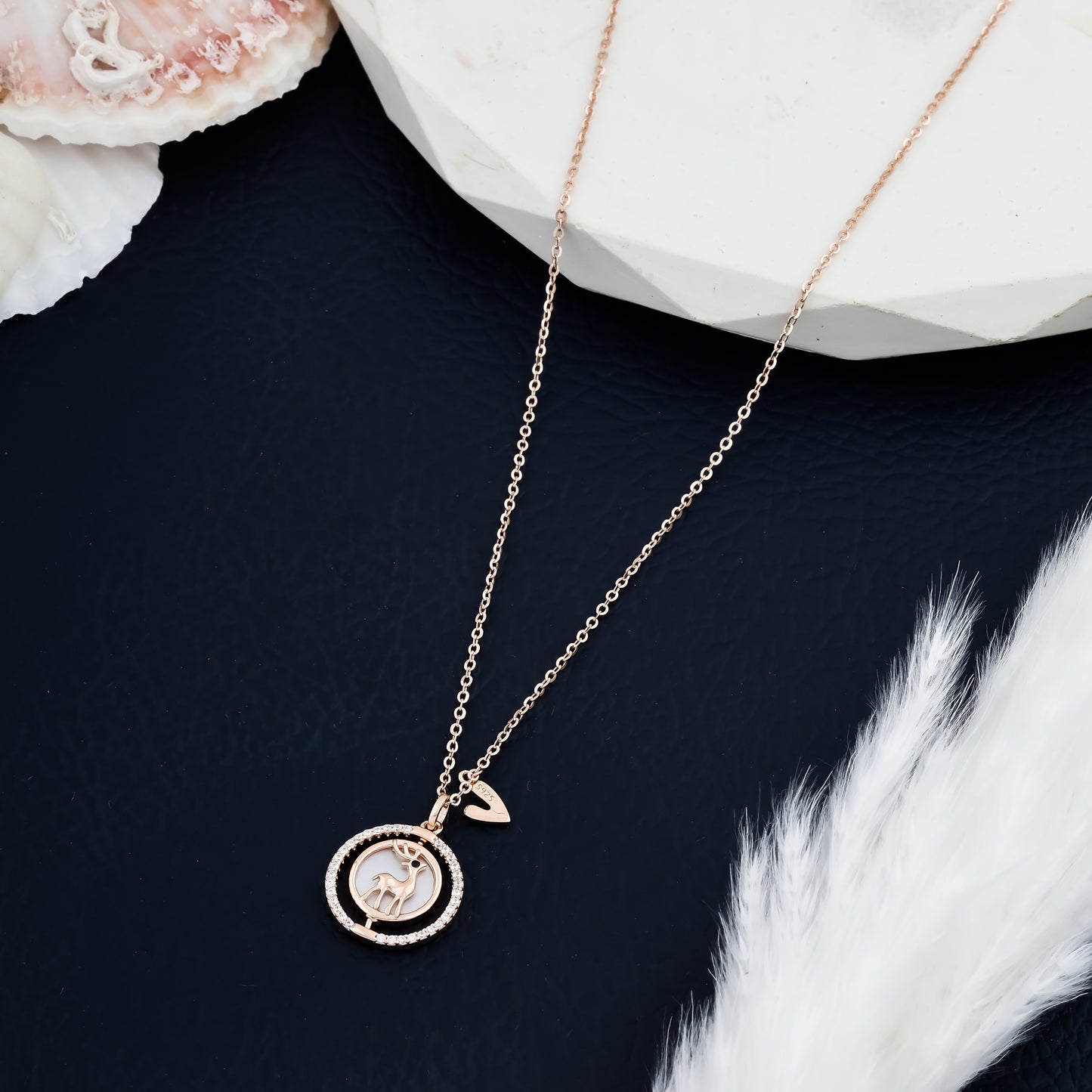 Rose Gold Deer Necklace with Crystal Halo Sparkling Reindeer Pendant