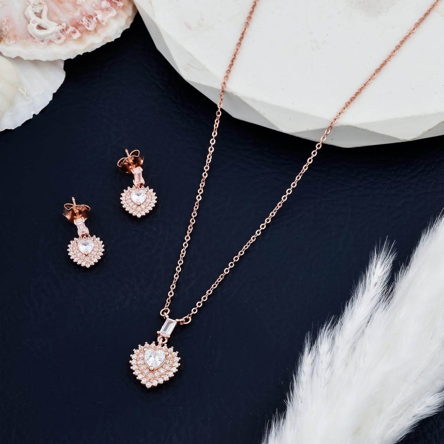 Rose Gold Necklace and Studs Heart Design with Baguette Crystal