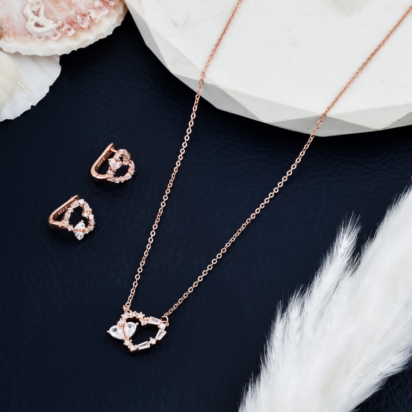 Romantic Heart Pendant and Earring Set Rose Gold with Clear Crystals