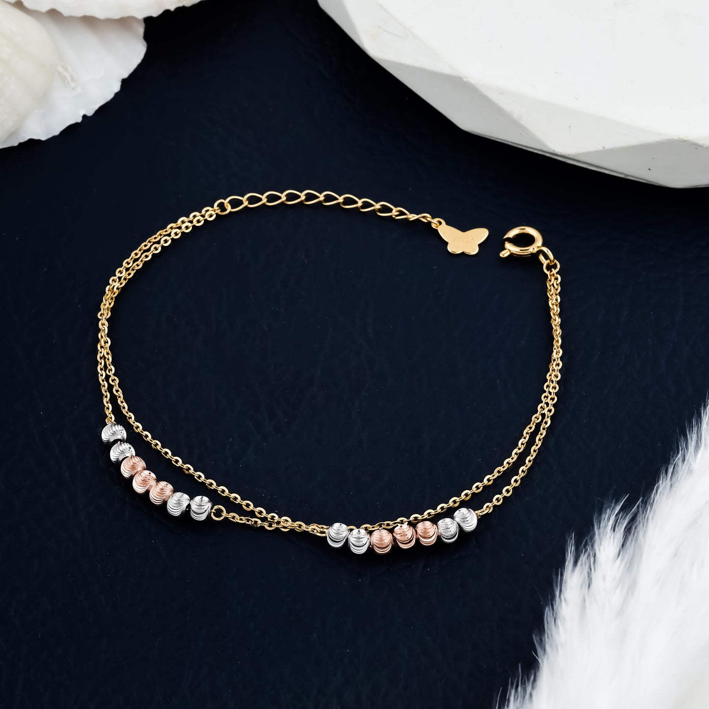 Modern Gold Layered Bracelet Three Tone Beaded Design