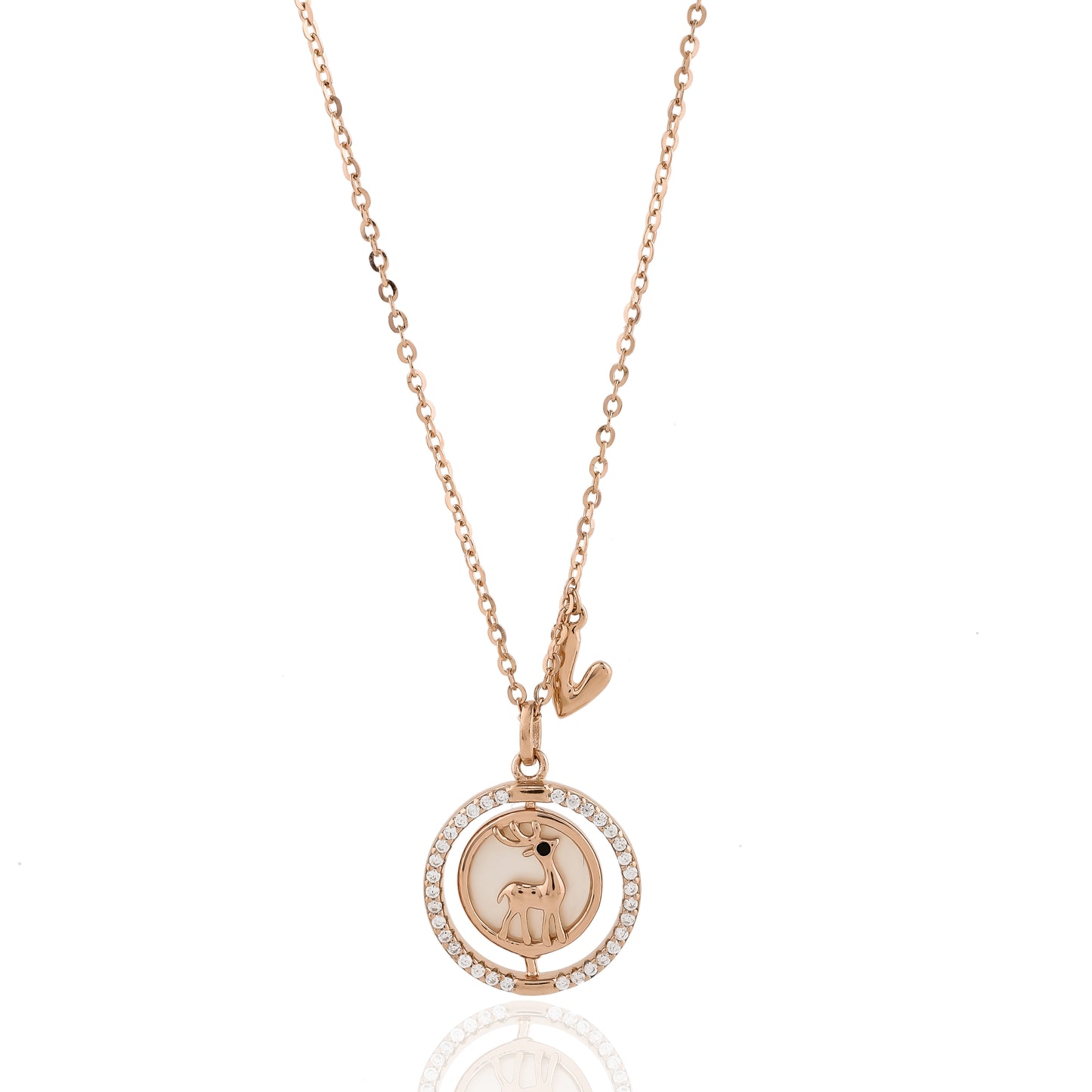 Rose Gold Deer Necklace with Crystal Halo Sparkling Reindeer Pendant