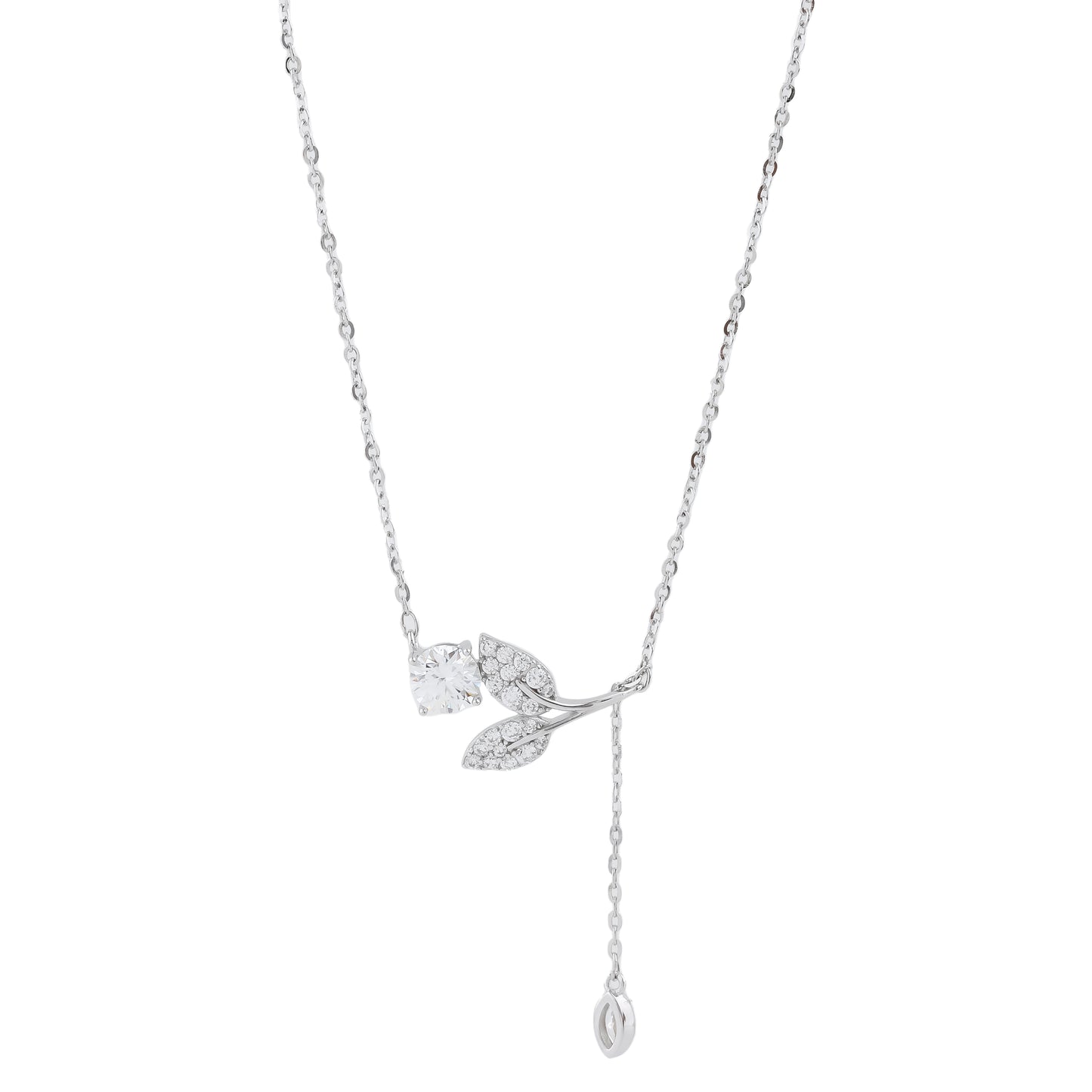 Unique Floral Drop Necklace Silver Pendant with Dangling Crystal