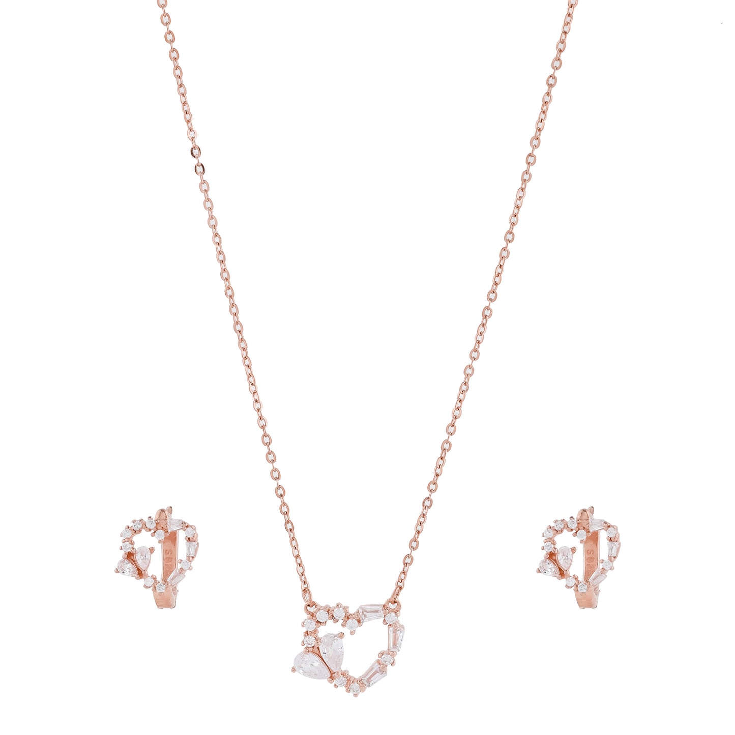 Romantic Heart Pendant and Earring Set Rose Gold with Clear Crystals