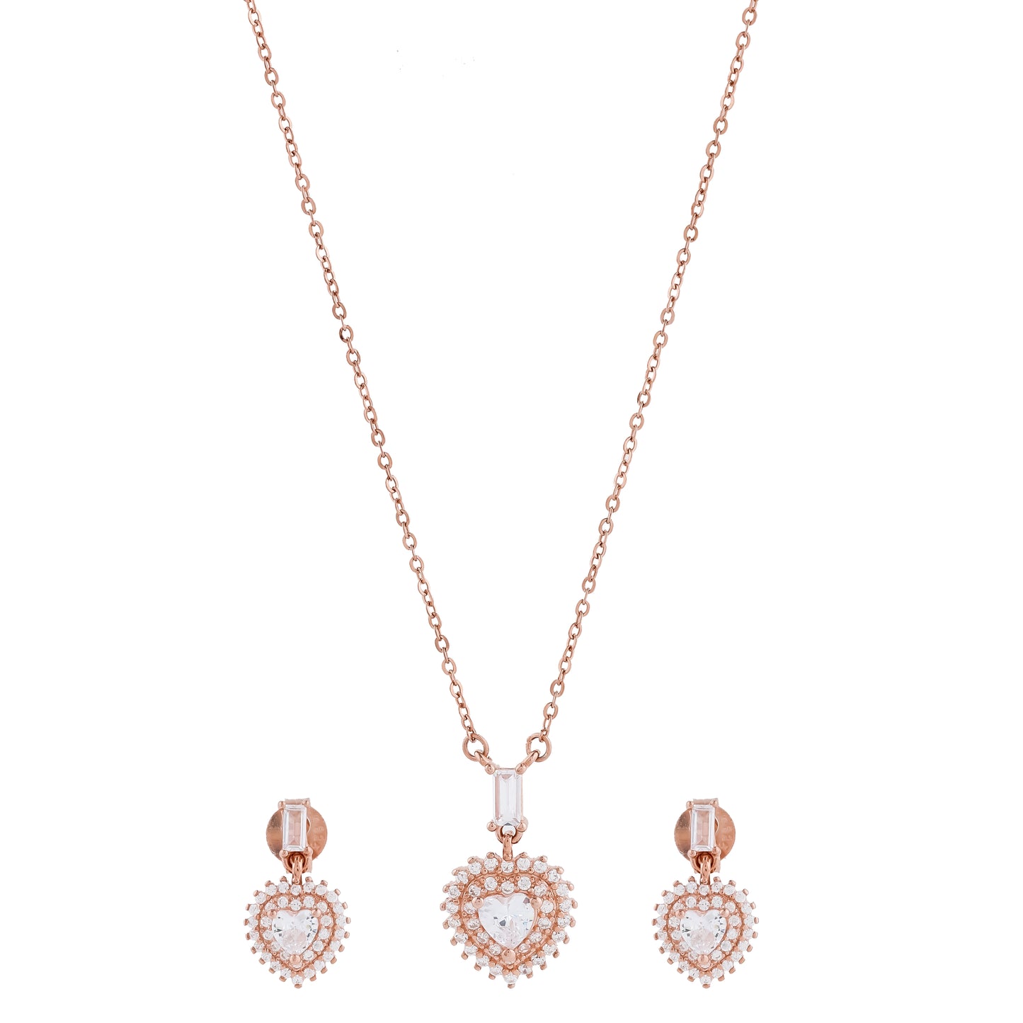 Rose Gold Necklace and Studs Heart Design with Baguette Crystal