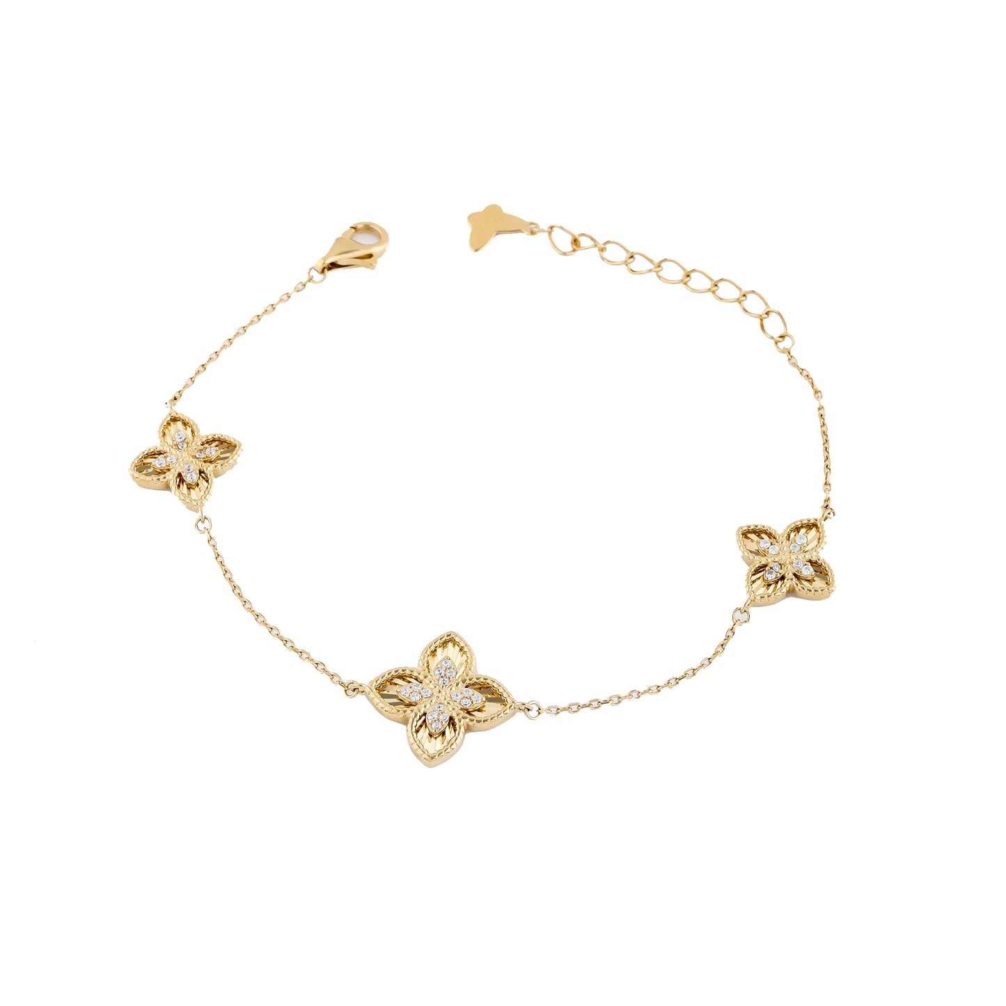 Elegant Gold Tone Clover Bracelet Adjustable Chain with Crystal Centers