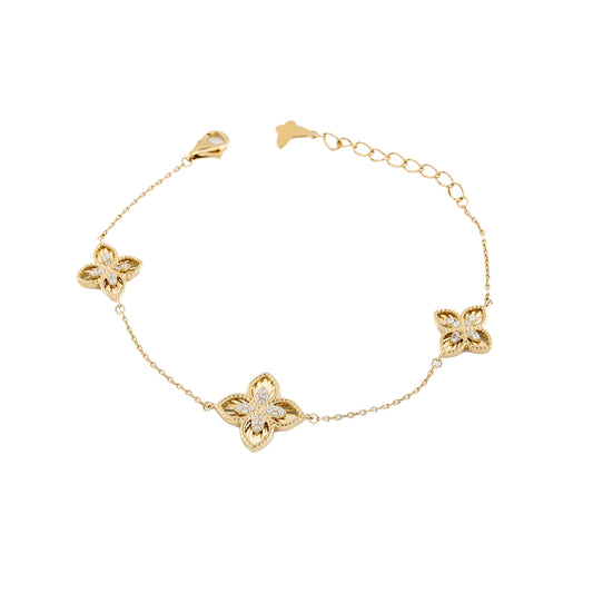 Elegant Gold Tone Clover Bracelet Adjustable Chain with Crystal Centers