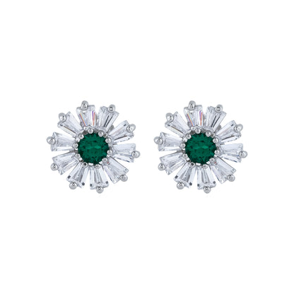 Stylish Green and Clear Gemstone Earrings Silver Daisy Design