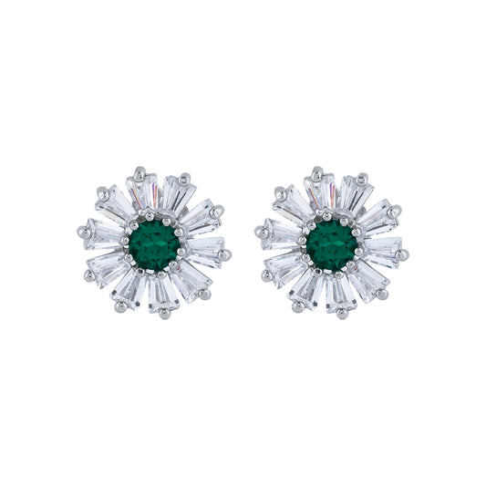Stylish Green and Clear Gemstone Earrings Silver Daisy Design