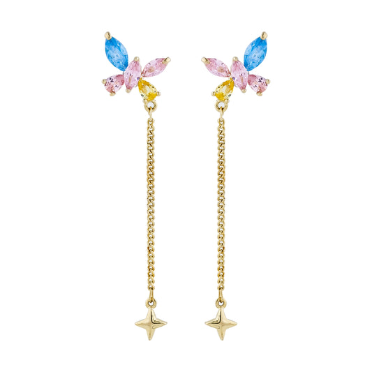 Gold Butterfly Dangle Earrings with Pastel Gemstones Star Charm
