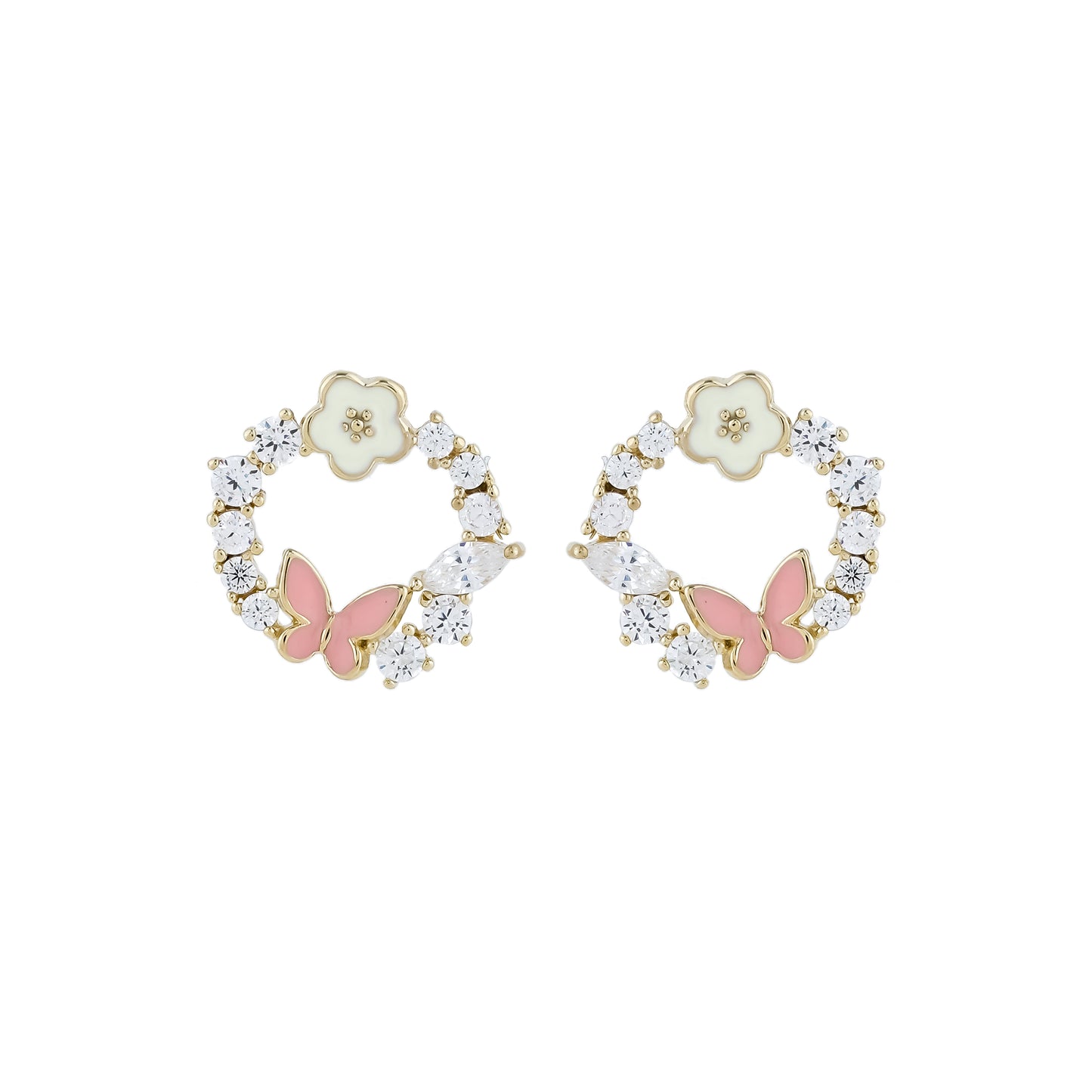 Whimsical Gold Tone Earrings Pink Butterfly White Flower