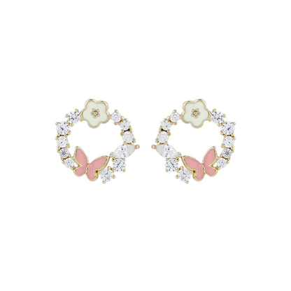 Whimsical Gold Tone Earrings Pink Butterfly White Flower