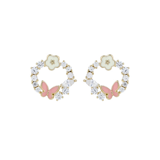 Whimsical Gold Tone Earrings Pink Butterfly White Flower