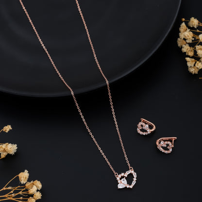 Romantic Heart Pendant and Earring Set Rose Gold with Clear Crystals