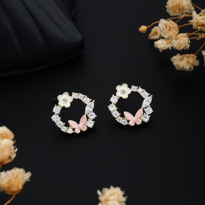 Whimsical Gold Tone Earrings Pink Butterfly White Flower