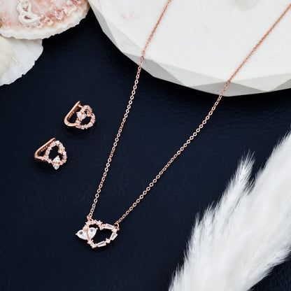 Romantic Heart Pendant and Earring Set Rose Gold with Clear Crystals