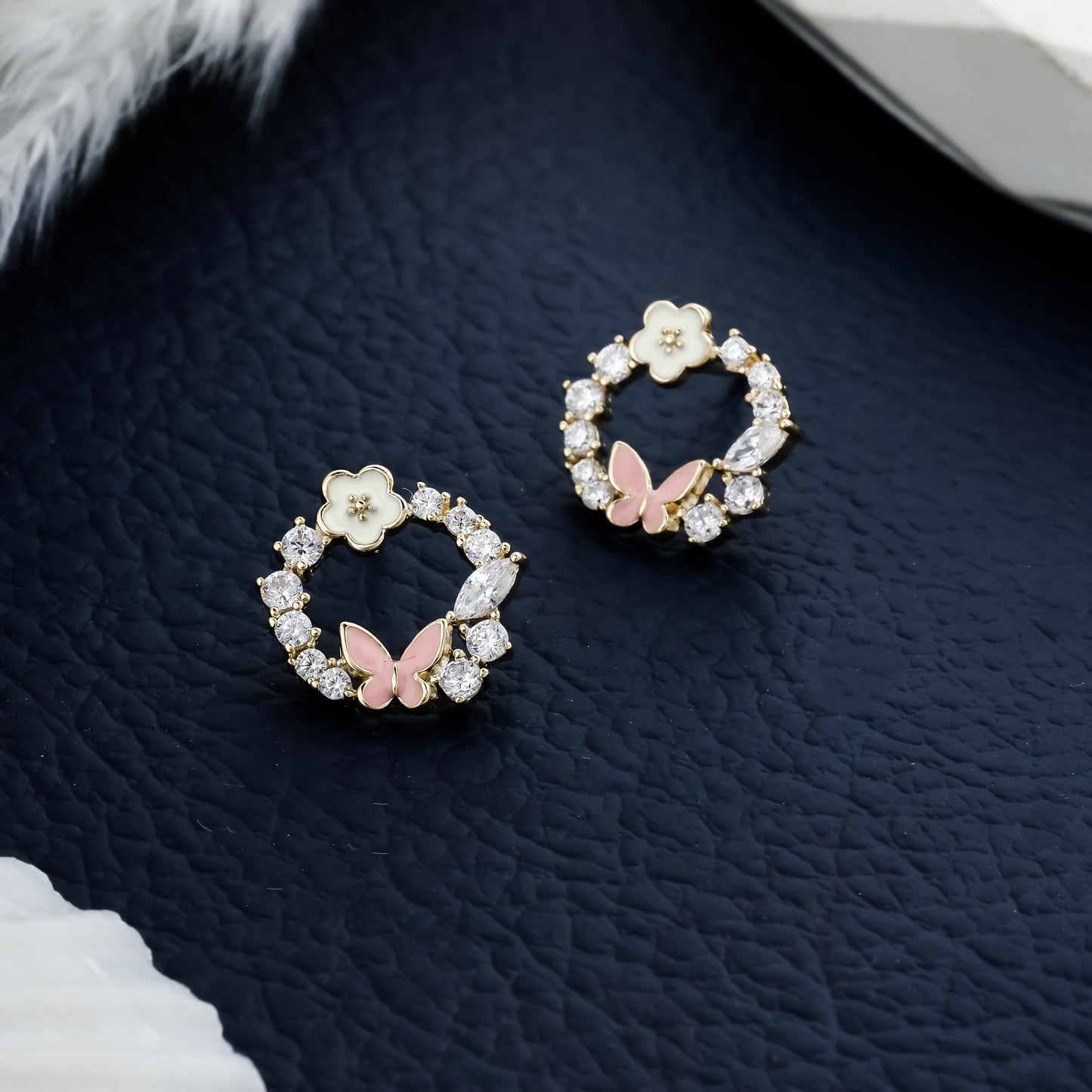 Whimsical Gold Tone Earrings Pink Butterfly White Flower