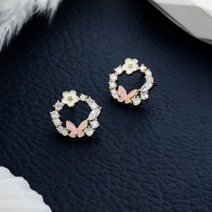 Whimsical Gold Tone Earrings Pink Butterfly White Flower