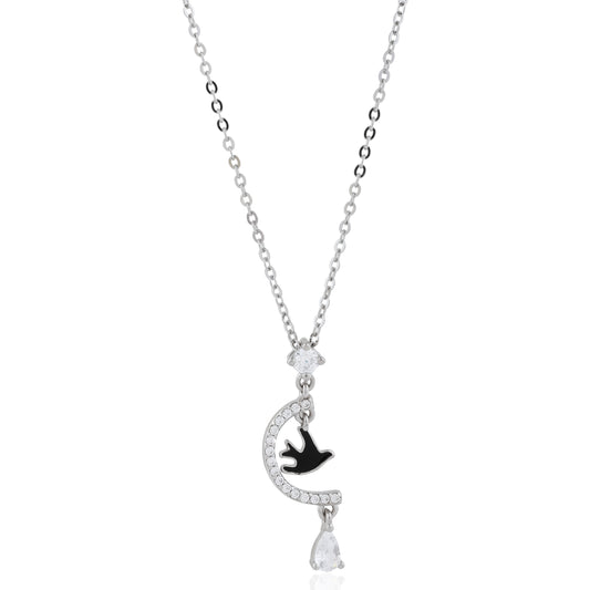 Cute Black Bird in Moon Necklace with Crystal Drop Pendant
