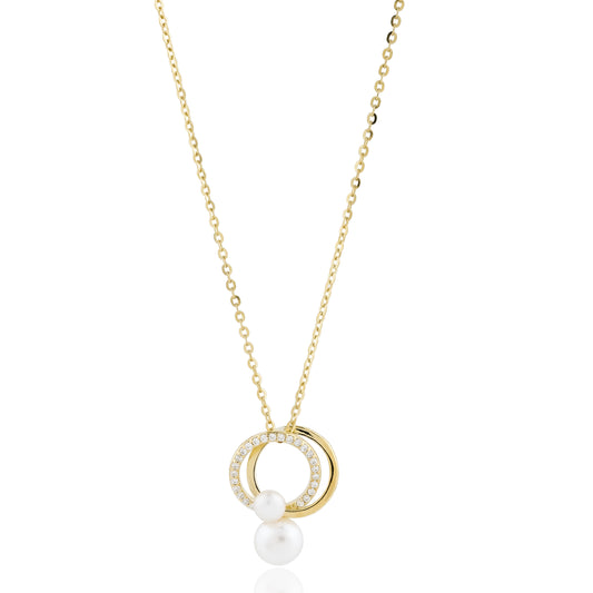 Chic Interlocking Ring Necklace Gold with Crystal and Pearl