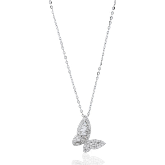 Silver Butterfly Necklace with Mosaic Diamonds Elegant Crystal Pendant