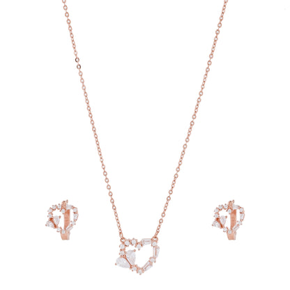 Romantic Heart Pendant and Earring Set Rose Gold with Clear Crystals