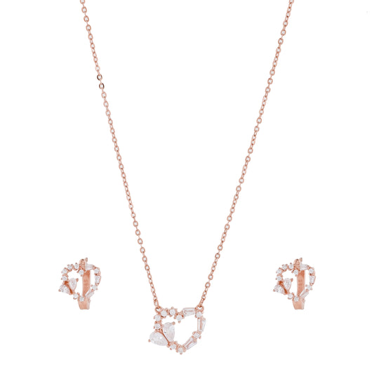 Romantic Heart Pendant and Earring Set Rose Gold with Clear Crystals