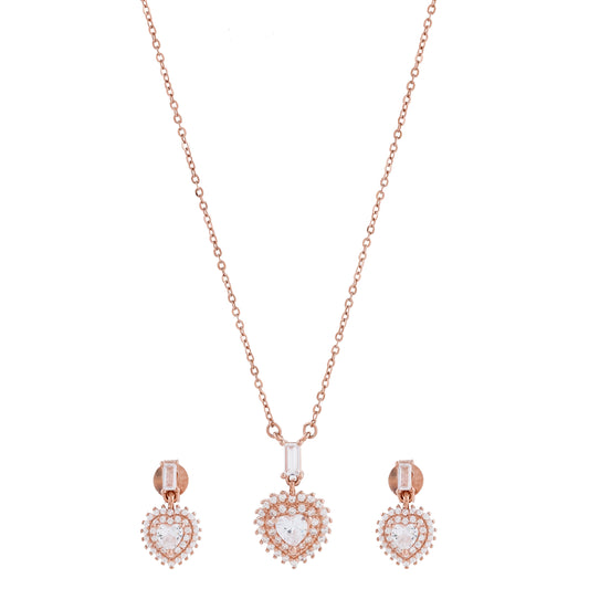 Rose Gold Necklace and Studs Heart Design with Baguette Crystal