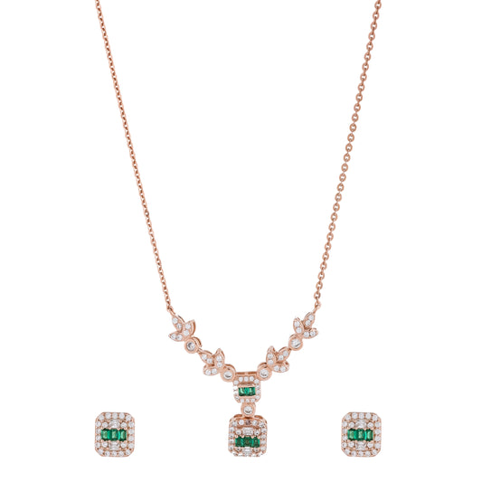 Sophisticated Green Stone Jewelry Set Rose Gold with Diamond Halo