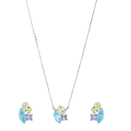 Silver Pastel Gemstone Necklace and Earrings Set Modern Design