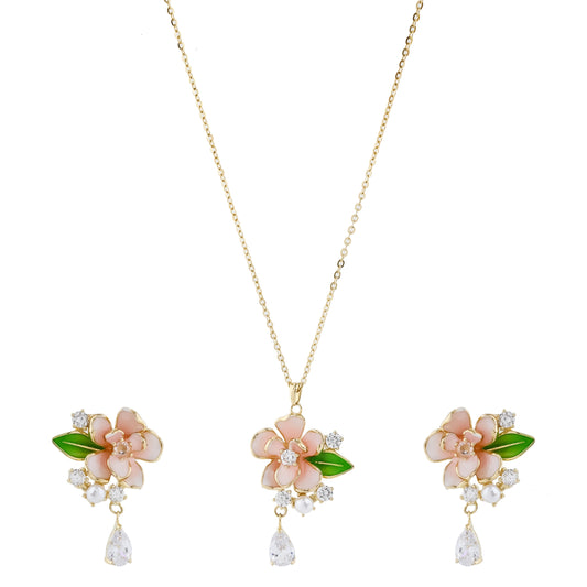 Gold Pink Flower Necklace and Earrings Set Pearl and Crystal Drop